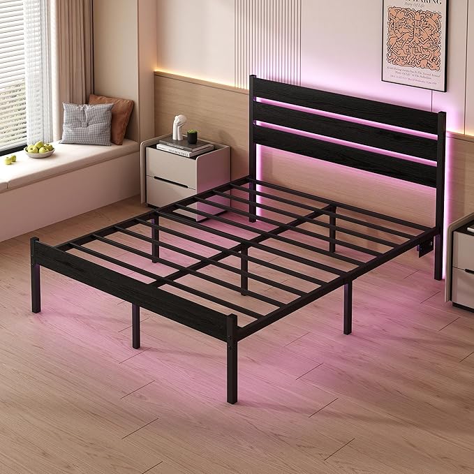 Full Size Bed Frame with Headboard, Heavy Duty LED Bed Frame with USB Charging - Image 6