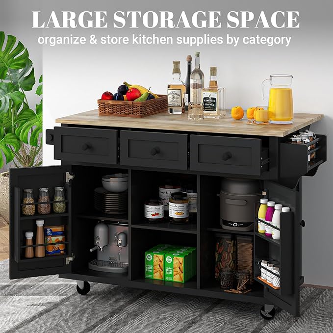Rovibek Kitchen Island with Drawers 53 in Rolling Island Cart Mobile Solid Wood - Image 3