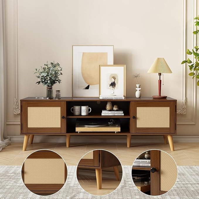 TV Stand for TVs up to 65 inches, Rattan Grain Finish Panel - Image 9