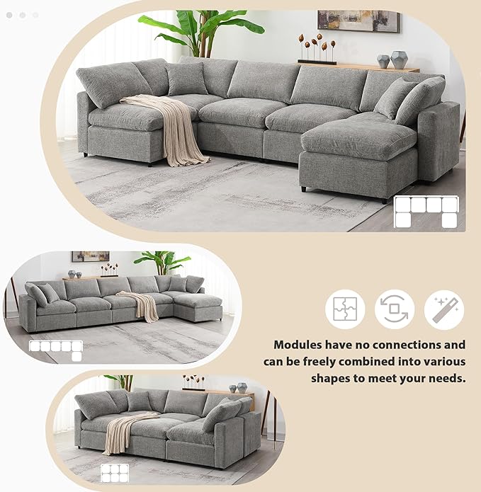 130" Chenille Modular Sofa, Modern 6 Seat Free Combination Cloud Couch Bed Set - Image 7