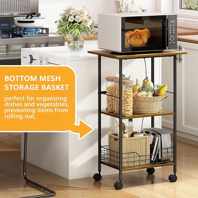 Microwave Cart with Storage, 3-Tier Rolling Kitchen Stand with Wire Basket - Image 2