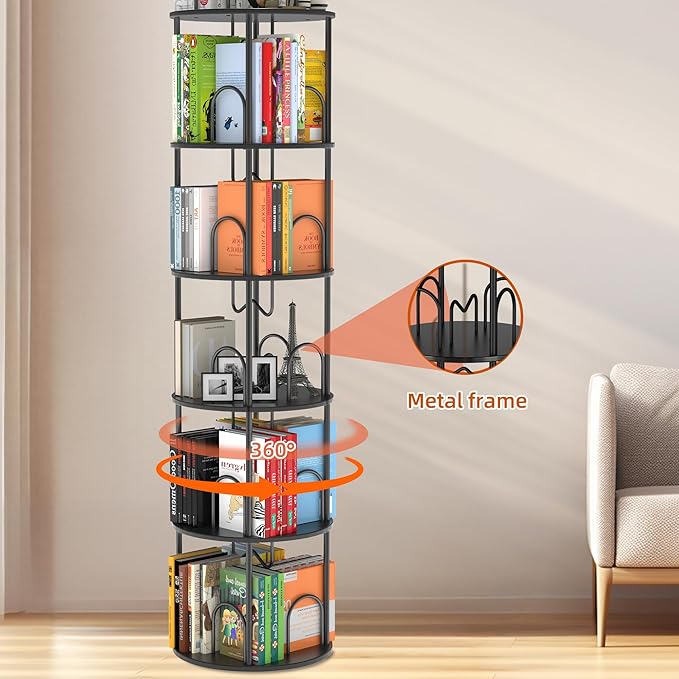 5 Tier Rotating Bookshelf, 360° Spinning Bookshelf Tower, Round Narrow Space - Image 3