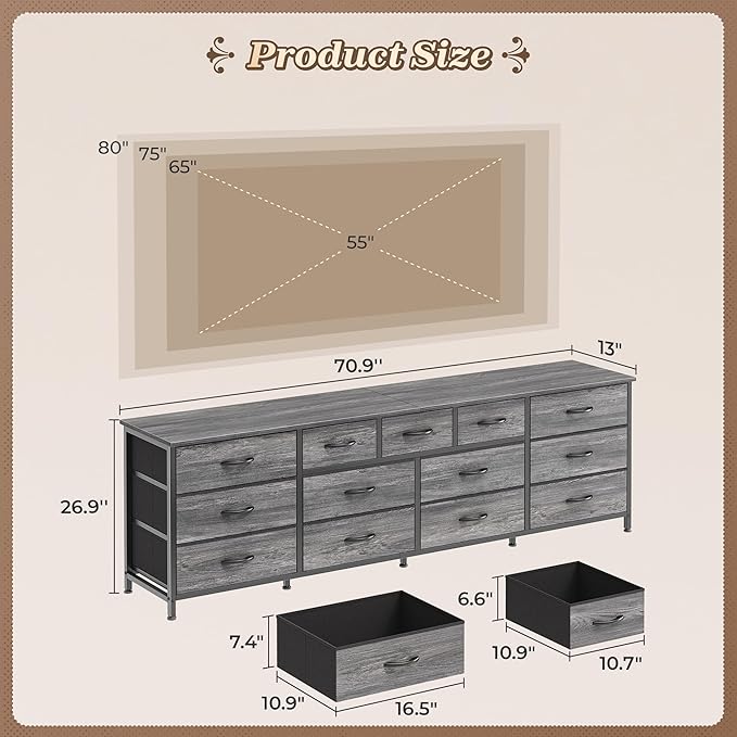 Huuger 70 Inch Dresser for Bedroom, TV Stand for 65, 80 Inch TV, 13 Fabric - Image 3