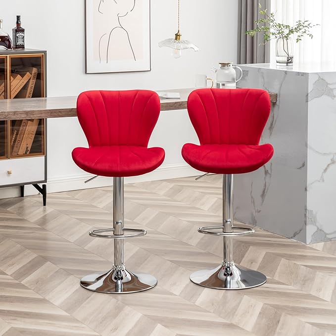 Roundhill Furniture Ellston Velvet Adjustable Swivel Barstools in Red - Image 7