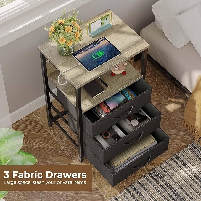 Seventable Nightstand with Charging Station and LED Light, Side Table with 3 - Image 2