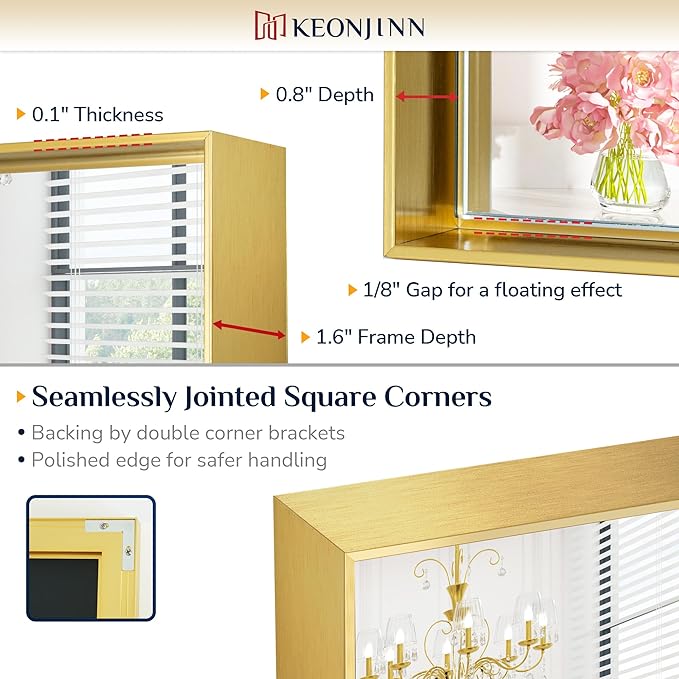 Keonjinn 30 x 36 Inch Brushed Gold Bathroom Mirror Metal Framed Rectangle Wall - Image 3
