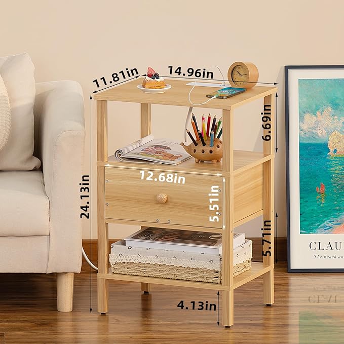 Lerliuo Nightstand with Charging Station and USB Ports, 3-Tier Storage End - Image 3