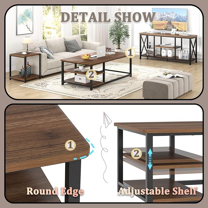EXCEFUR Modern Coffee Table, Rustic Wood and Metal Center Table - Image 4