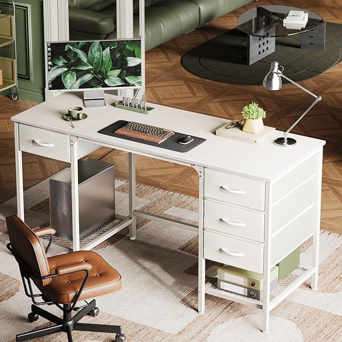 Huuger 55 Inch White Desk with 4 Drawers, Vanity Desk with Mesh Shelf - Image 9