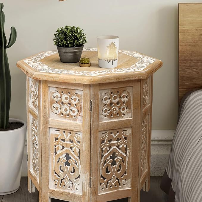 The Wooden Town Side Tables– Hand Carved Vintage Boho Folding End Tables - Image 2
