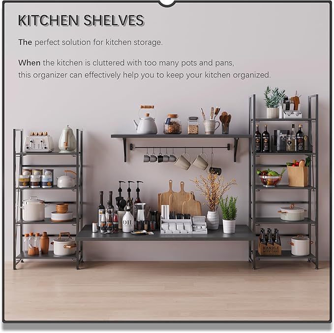 4NM No-Assembly Folding Bookshelf Storage Shelves 4 Tiers Vintage Bookcase - Image 4