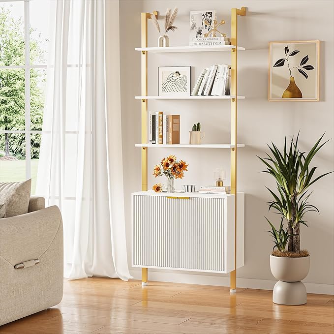 74" Tall Bookshelf with Storage Cabinet, Modern Ladder Shelf with Wood and - Image 3