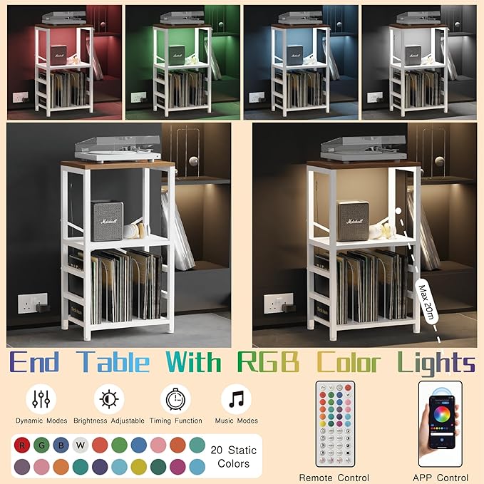 End Table with LED Light, Record Player Stand with Albums Storage, Vinyl - Image 4