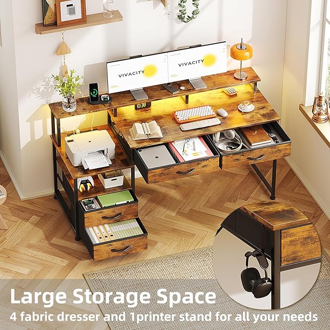 53" Computer Desk with 4 Drawers & Power Outlets, Reversible Home Office Desk - Image 4