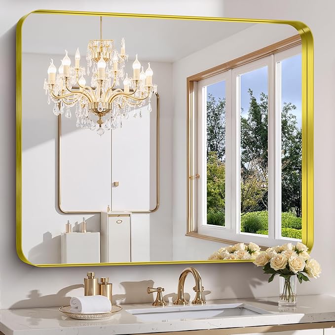 FORBATH 48x40 Inch Bathroom Mirror, Brushed Gold Deep Frame Wall Mirror by FORBATH
