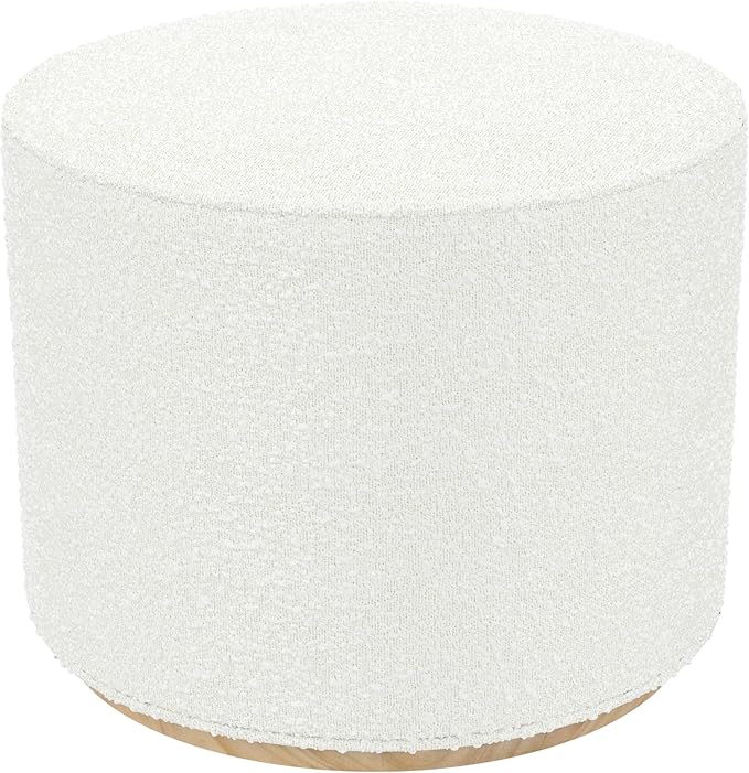 Bouclé Ottoman with Wooden Base – 22” Round Upholstered Footrest, Cream - Image 4
