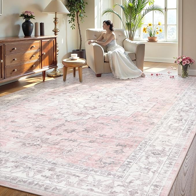 LIVEBOX Pink 9x12 Area Rug for Bedroom Girls, Boho Washable Rugs for Living by LIVEBOX