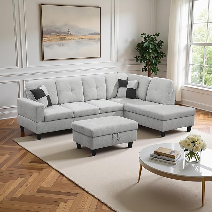 Couches for Living Room Modern L Shaped Couch Comfy Flannel Fabric 3 Pieces - Image 4