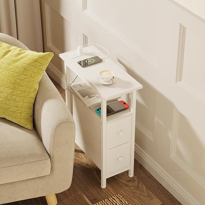 End Table with Charging Station, Narrow Side Table with 2 Fabric Drawers - Image 7