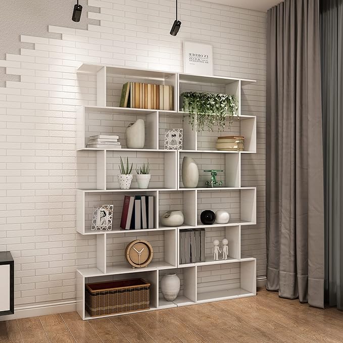 Yusong S Shaped Bookshelf, Modern Geometric Bookcase, 6-Tier White Display Case - Image 9