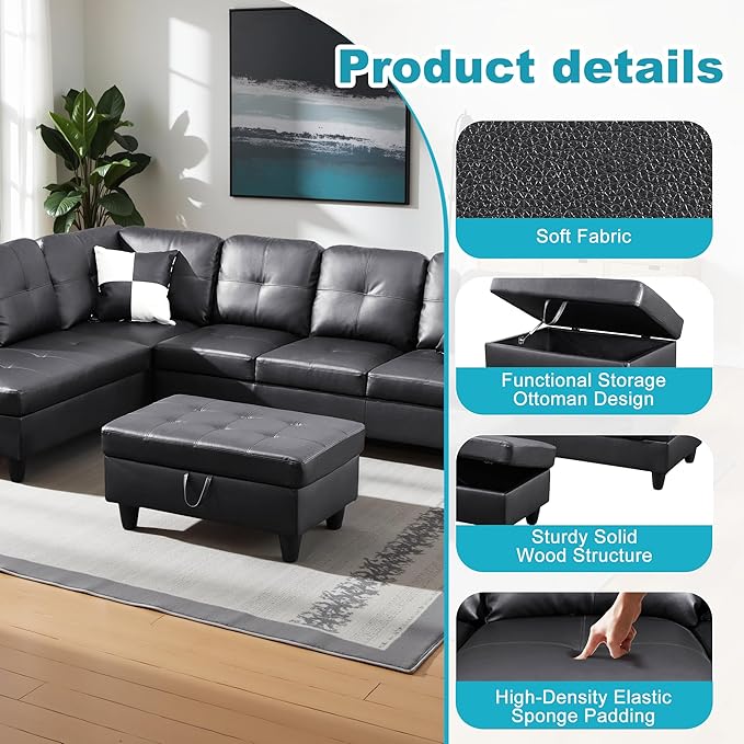 L Shaped Couch Faux Leather Sectional Couch Upholstered 3 Pieces Sofas - Image 4
