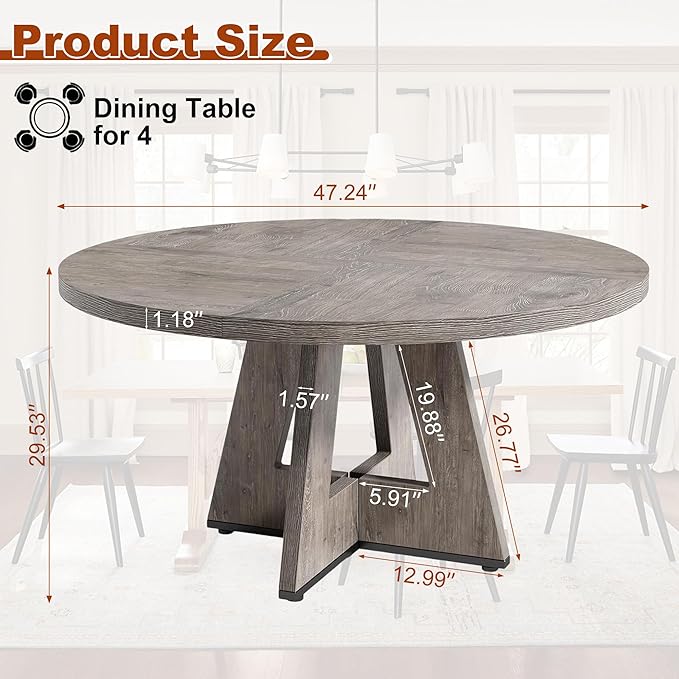 Round Dining Table for 4, 47 Inch Dinner Table Farmhouse Wooden Circle Kitchen - Image 2