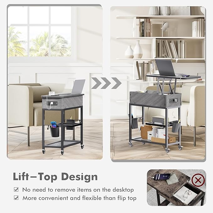 Colima Lift Top End Table with Charging Station and Wheels, Sofa Side Table - Image 6