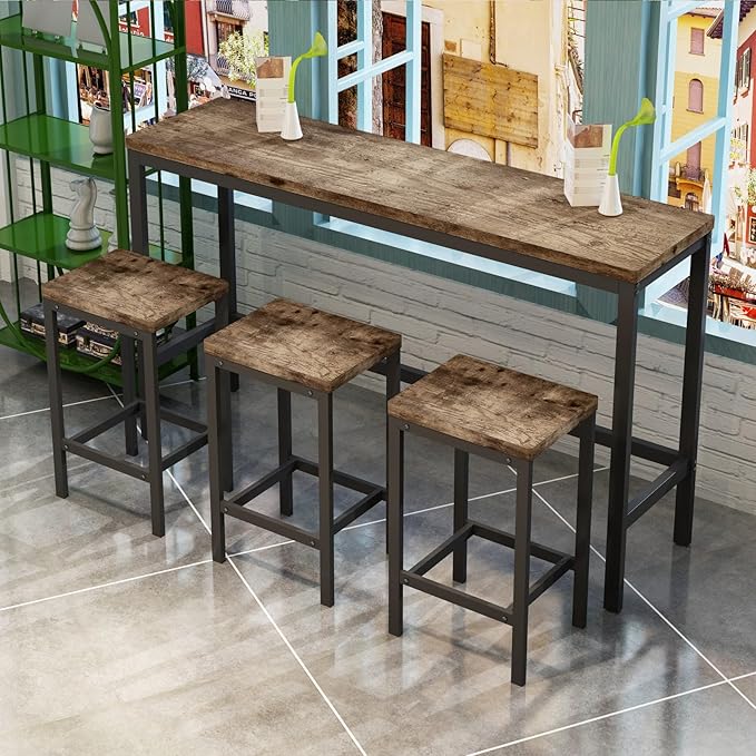 KEIKI 60.24” Long Bar High Top Dining Table and 3 Stools Chairs Set, Wood - Image 3