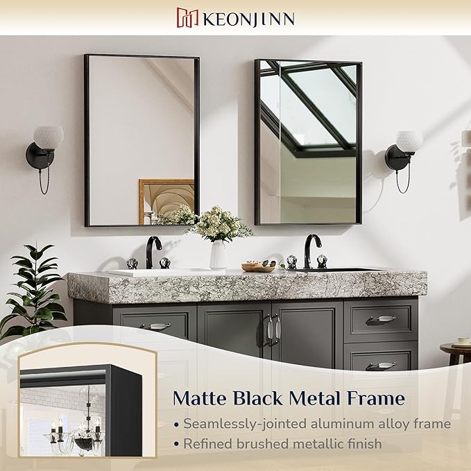 Keonjinn Black Bathroom Mirror for Over Sink 16 x 24 Inch Small Rectangle - Image 6