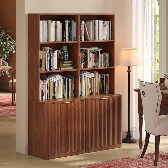 71" Walnut Bookcase with Doors, 5 Tier Fluted Tall Bookshelf with Storage - Image 7