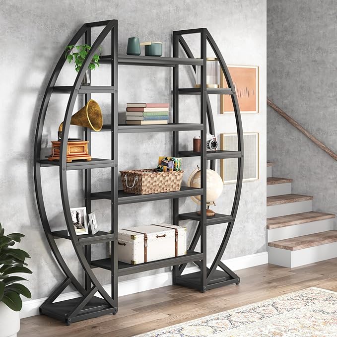 Tribesigns Oval Bookshelf, Triple Wide 5 Tiers Etagere Bookcases, Industrial - Image 4