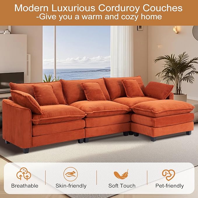 Furniliving 117‘’ L-Shaped Sofa, Luxury Corduroy Modular Sectional Couches - Image 7