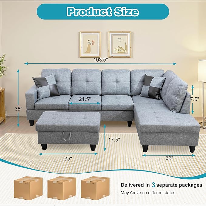 Couches for Living Room Modern L Shaped Couch Comfy Linen Fabric 3 Pieces - Image 2