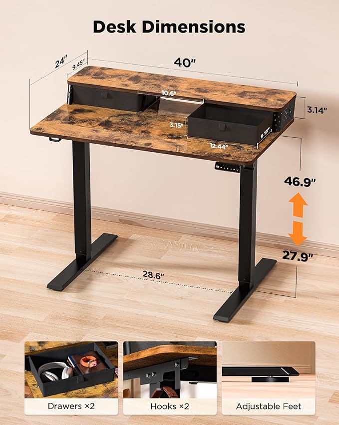 40x24 Inch Standing Desk with Double Drawers, C-Clamp Mount Compatible - Image 3