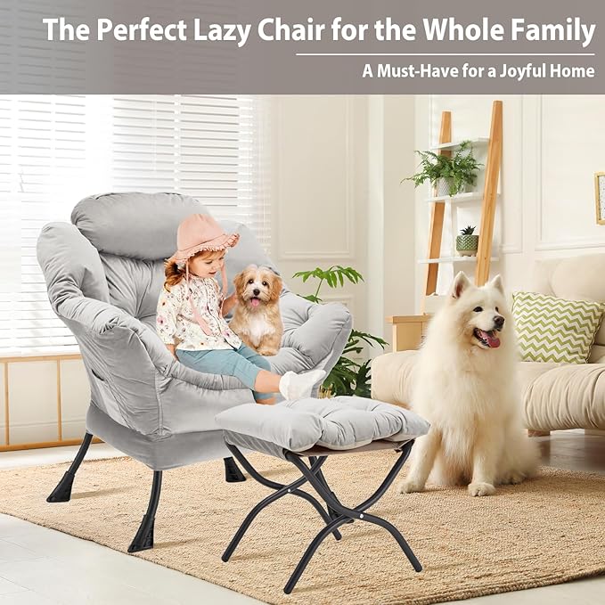 Lazy Chair with Folding Ottoman, Accent Chair Velvet Upholstered with Metal - Image 4