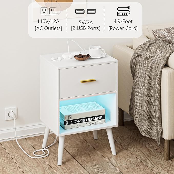 Nightstand with Charging Station and LED Lights, Small Side Table, Bedside - Image 5