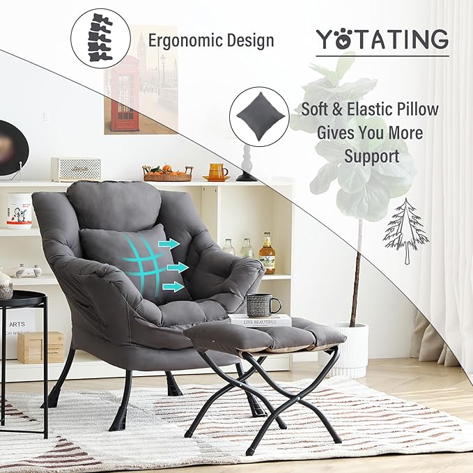 Lazy Chair with Ottoman, Comfy Reading Lounge Chair with Footstool & Throw - Image 8