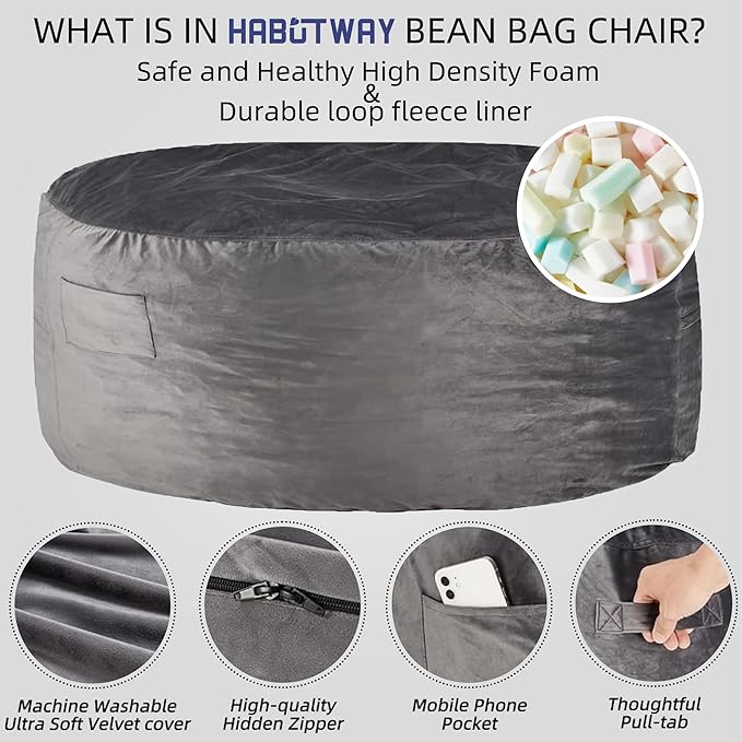 HABUTWAY Bean Bag Chair: Giant 5' Memory Foam Furniture Bean Bag Chair - 5Ft - Image 4