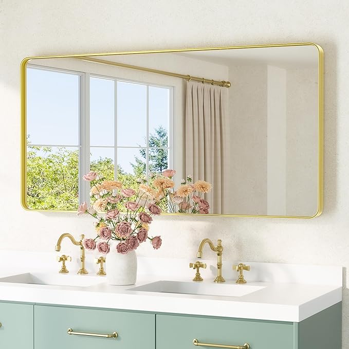 TETOTE Gold Mirror 48 x 24 Brushed Gold Metal Framed Bathroom Mirror, Tempered by TETOTE