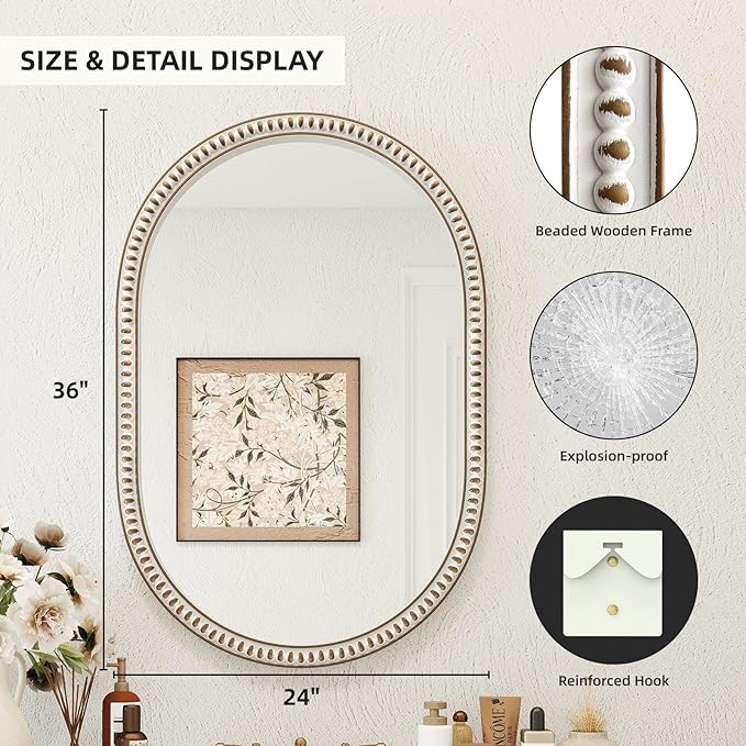 Wooden Oval Wall Mirror with Beads, 24x36 Inches Rustic Farmhouse Decorative - Image 3