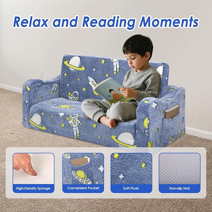 Kids Couch Extra Large, Glow in The Dark 2-in-1 Folding Kids Sofa Bed - Image 6
