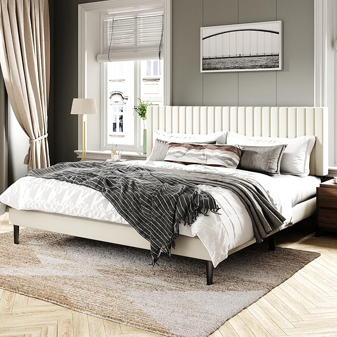 King Size Bed Frame with Velvet Upholstered Headboard, Platform Bed with Strong - Image 3