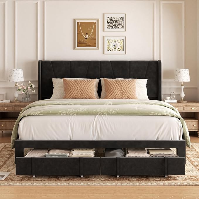 King Bed Frame with Storage Drawers, Upholstered Platform Bed with Headboard - Image 3