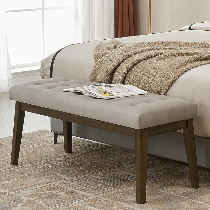 End of Bed Bedroom Bench, Linen Upholstered Tufted Bench by Befurtori