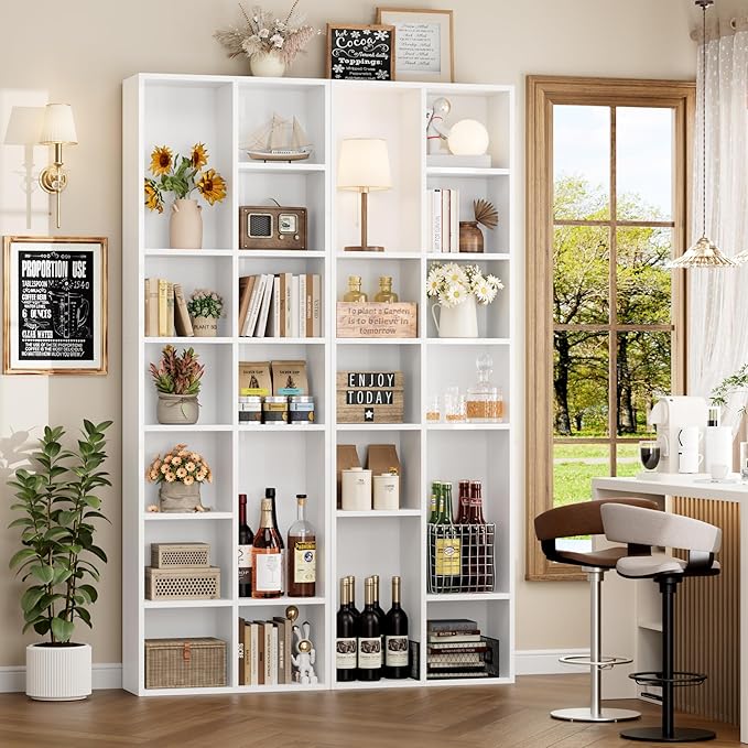 FOTOSOK 71'' White Bookshelf, Double Wide Media Tower Rack CD DVD Rack Display - Image 4