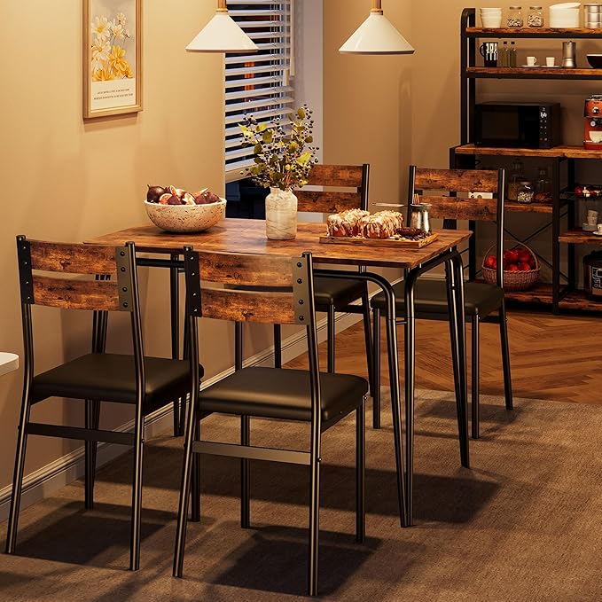 5 Piece Dining Table Set for 4, Compact Square Table Chairs, Sturdy MDF Top - Image 5