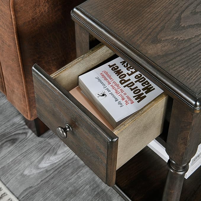 Narrow End Table with Drawer and Open Storage Shelf, Solid Wood Sofa Side Table - Image 5