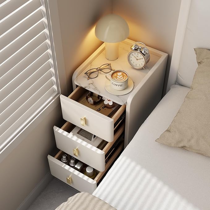 Narrow Nightstand with Drawers, Narrow Side Table Leather, Small Bedside Tables - Image 4