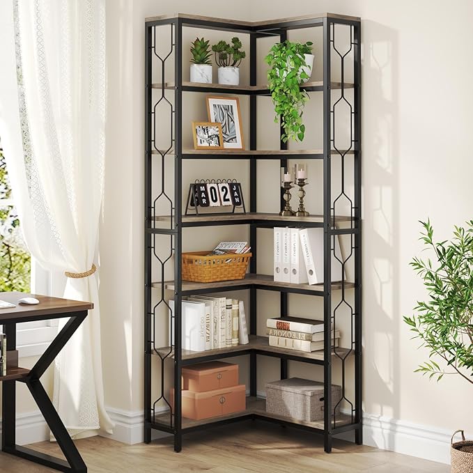 Tribesigns Corner Shelf, 7-Tier Industrial Corner Bookshelf, Wood and Metal - Image 3