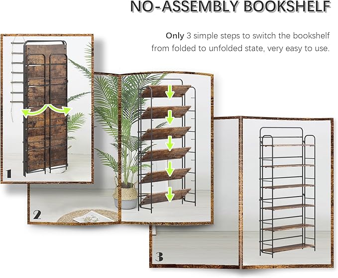4NM No Assembly Folding Bookshelf 6 Tiers Vintage Industrial Black Book Shelf - Image 6